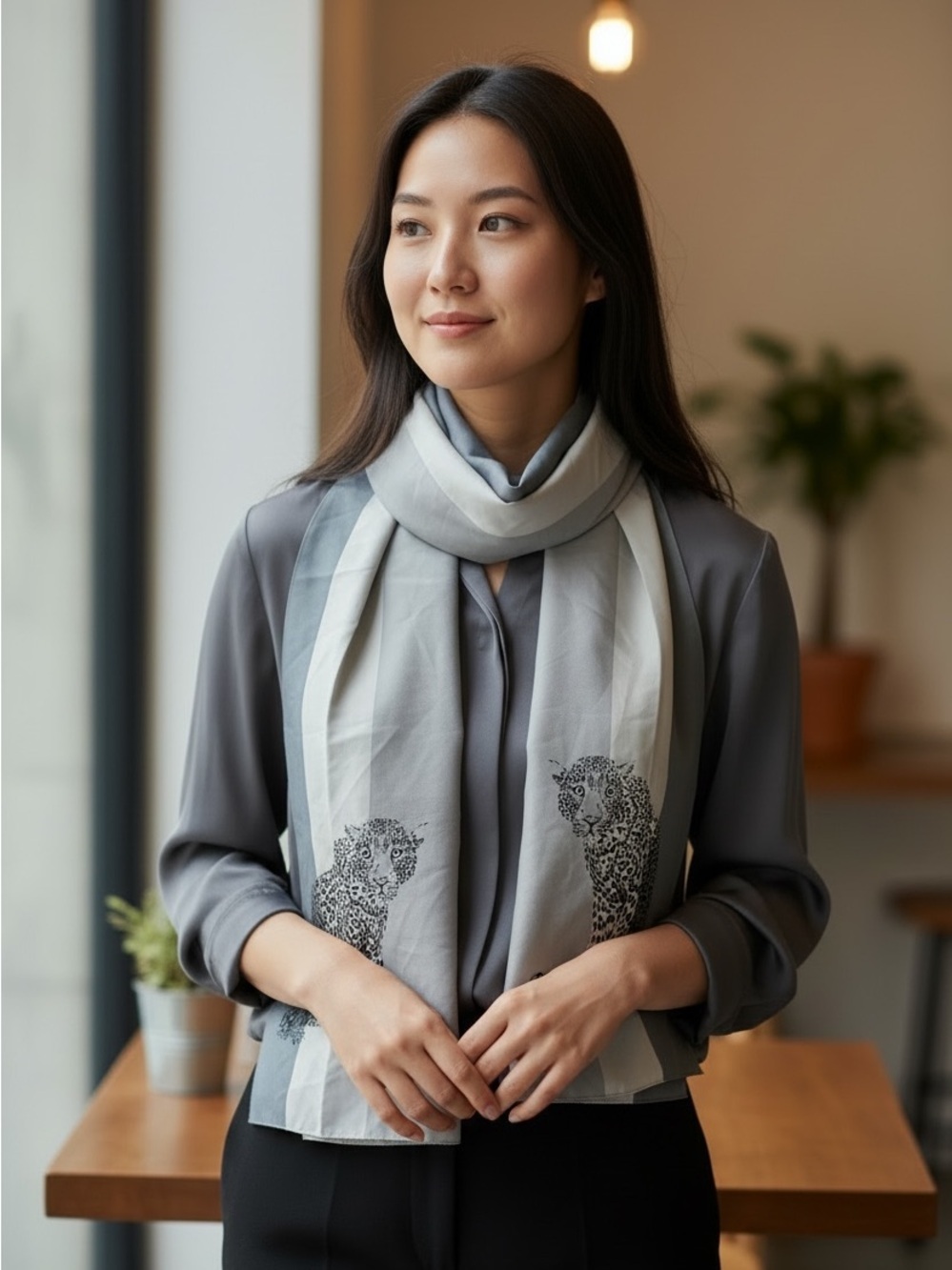 Silk Gray Leopard Print Scarf